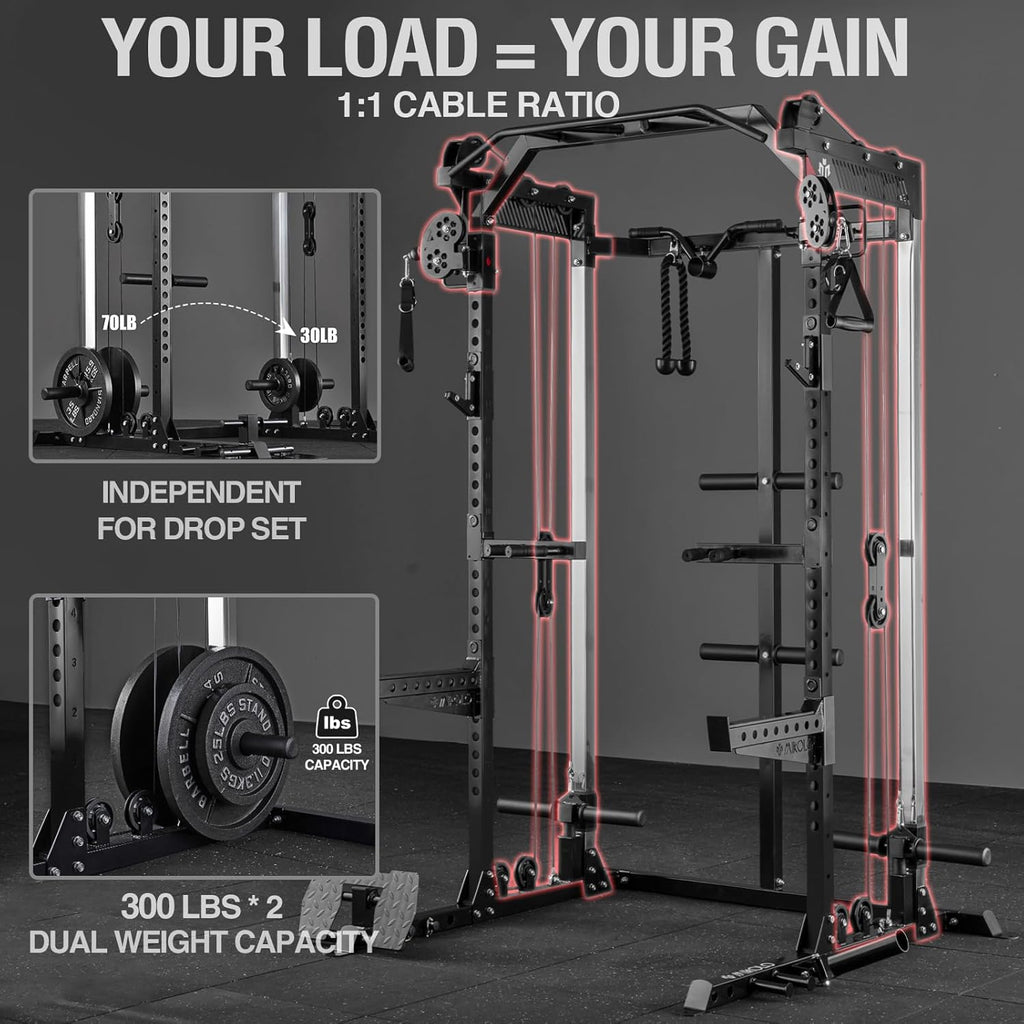 Power Cage, 2000LB Power Rack with Independent Dual Pulley System, Multi-Function Home Gym Workout Machine for Cable