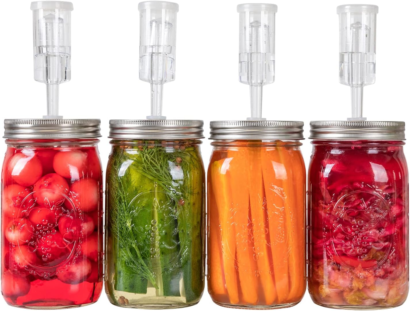 Stainless Steel Fermentation Lids for Wide Mouth Mason Jars, 4 Pack | Fermenting Lids with Airlocks and Silicone