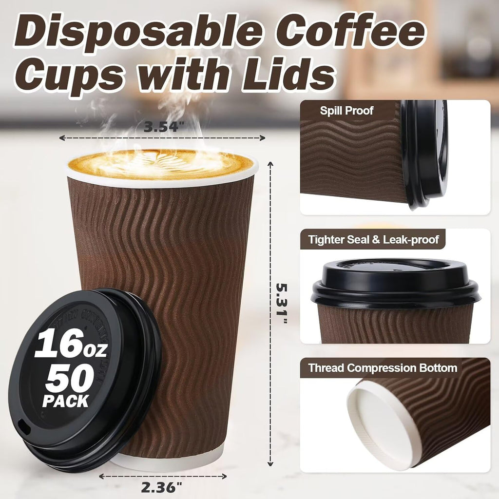 16 oz Insulated Disposable Paper Coffee Cups with Lids 50 Pack