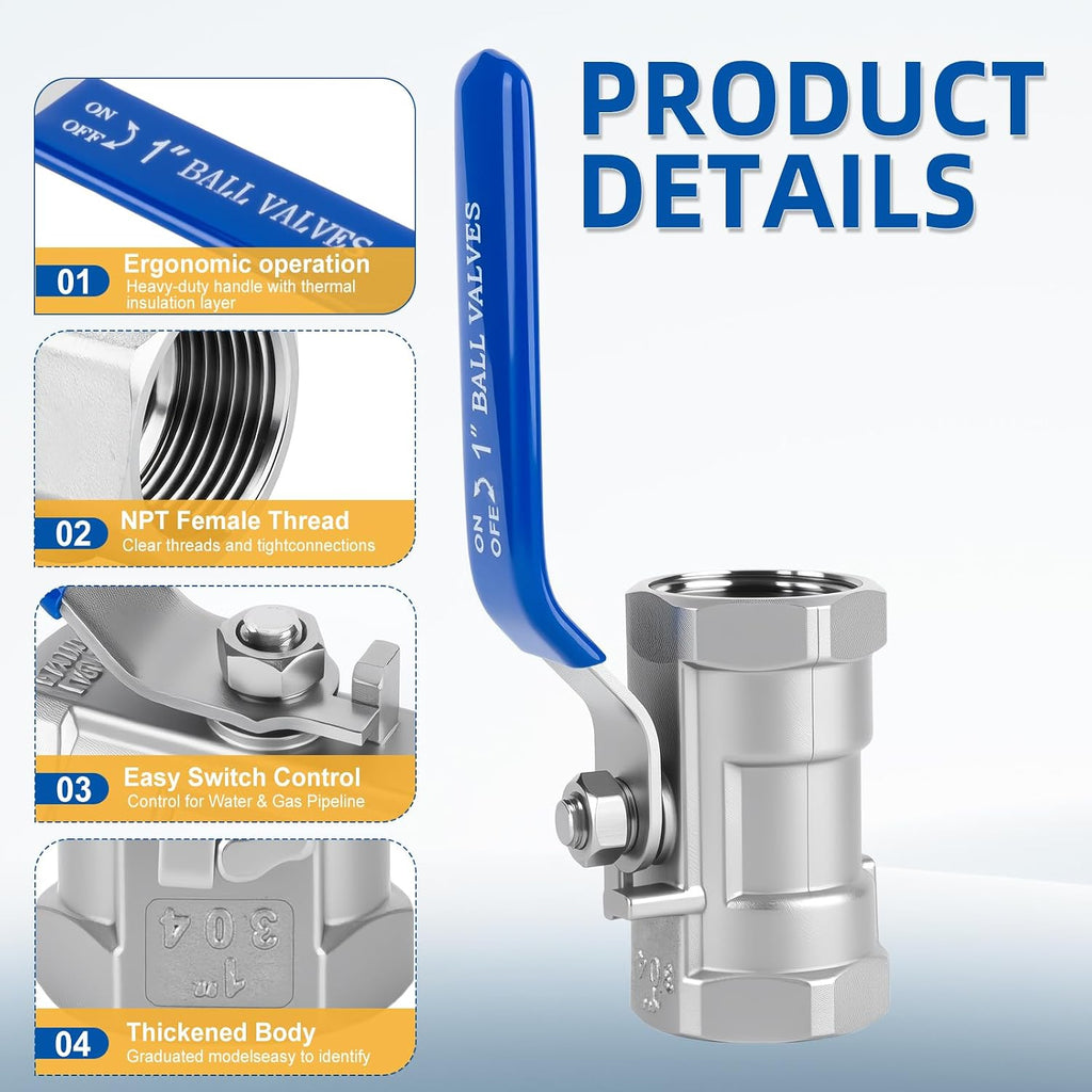 2" FNPT Ball Valve, 304 Stainless Steel, 2 Pack