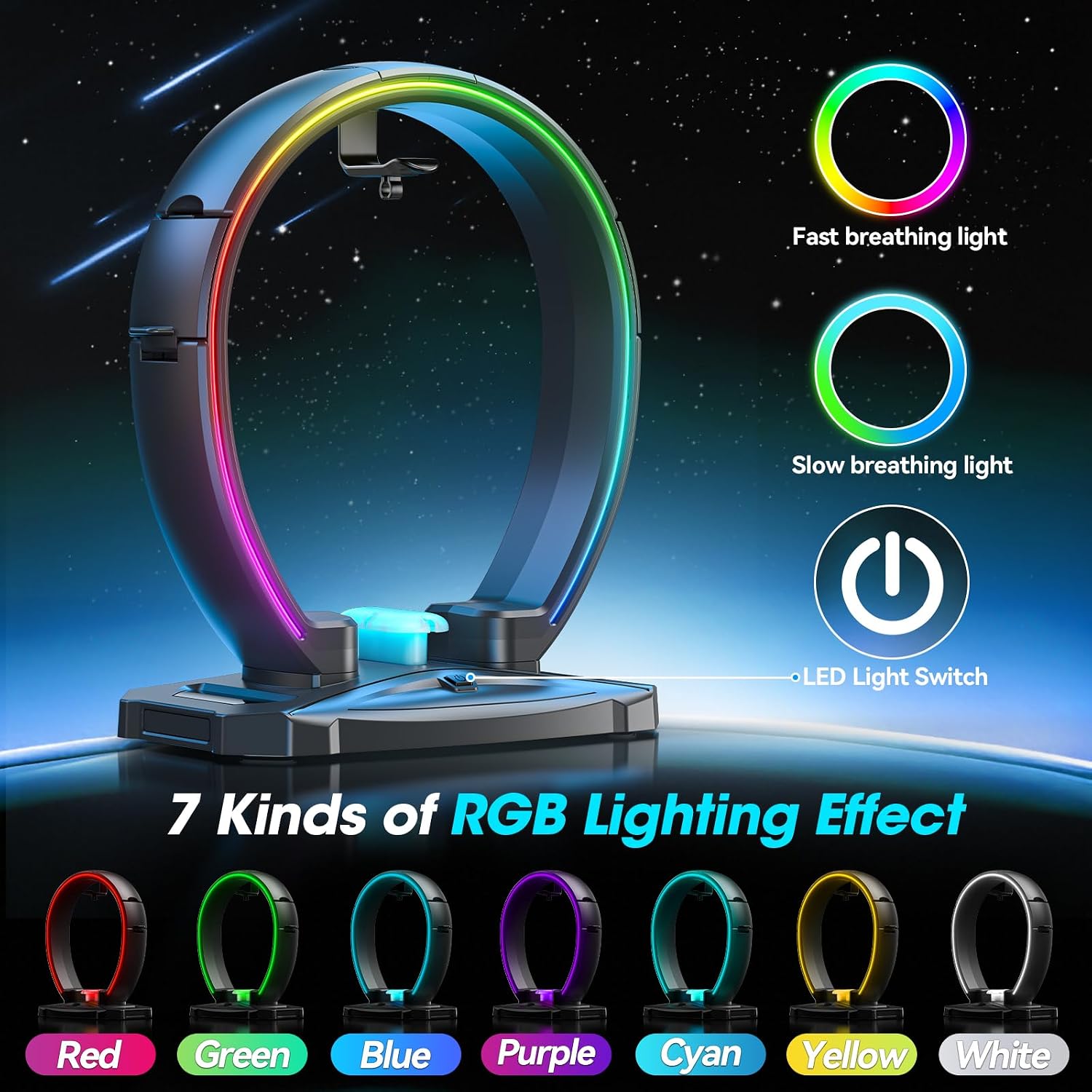 RGB Headphone & Controller Stand with 9 Light Modes - Foldable Controller Hanger for Desk - Earphone Stand with Cable