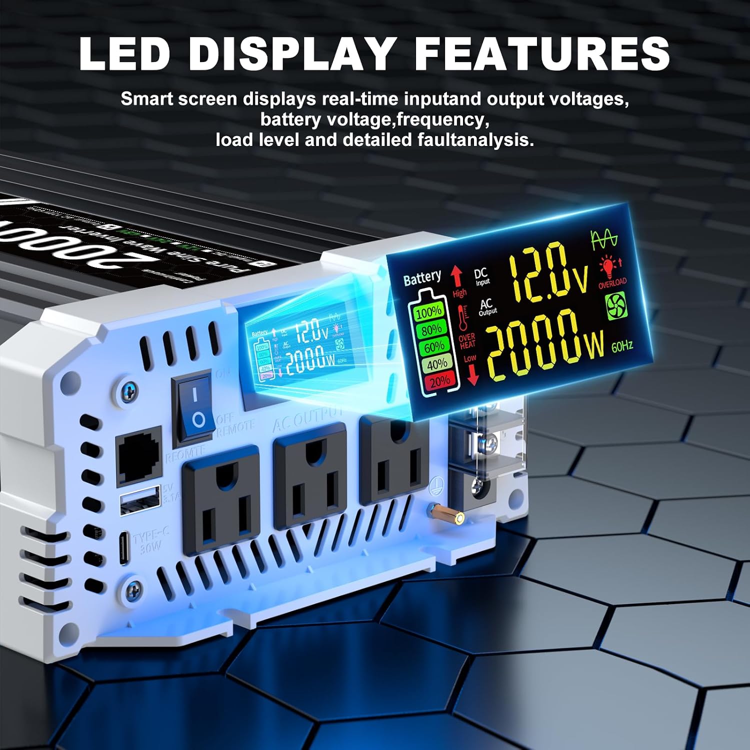 2000 watt Pure sine Wave Inverter, 12V DC to 110V AC Power Inverter, with 3 AC Output sockets, USB Port, Type-C Port