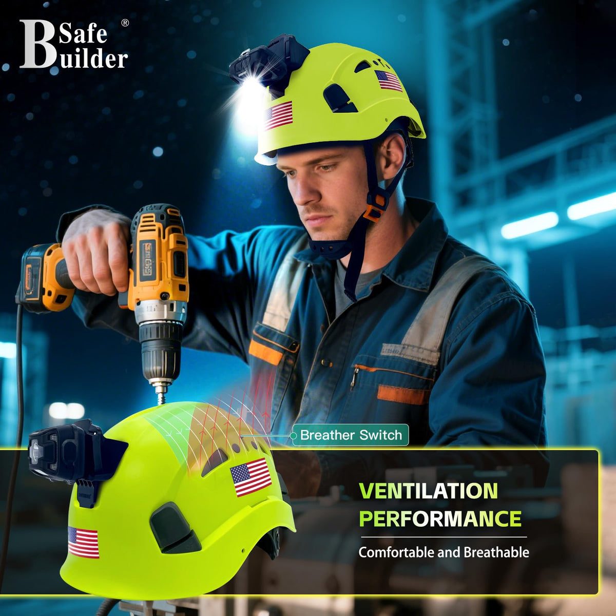 Construction Safety Helmet with Headlight Hard Hat Headlamp Adjustable Ventilation Hardhats Work Head Protection