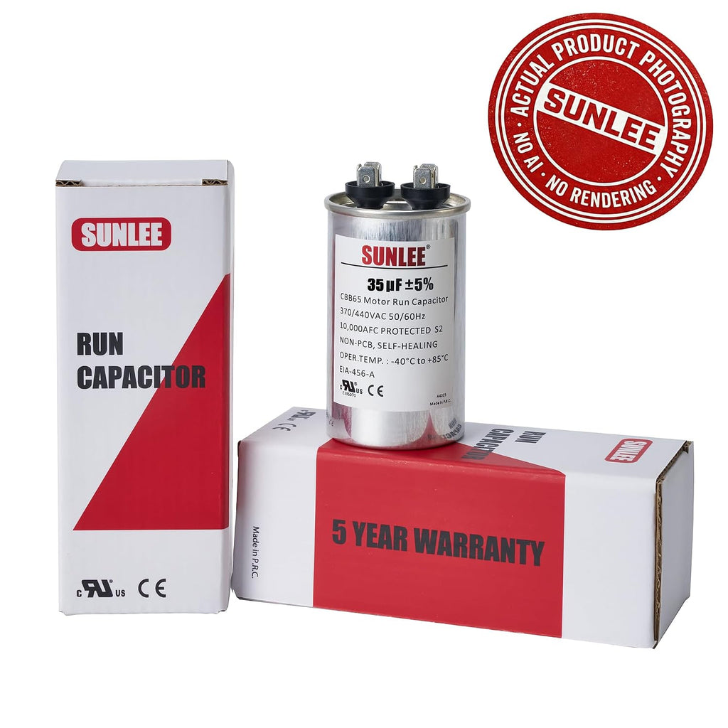 SUNLEE UL Recognized Single Run 35 uF (35 MFD) 370/440 VAC CBB65 Capacitor, 50/60 Hz, Reliable Replacement for AC Condenser Fan Motor, Heat Pump or Pool Pump