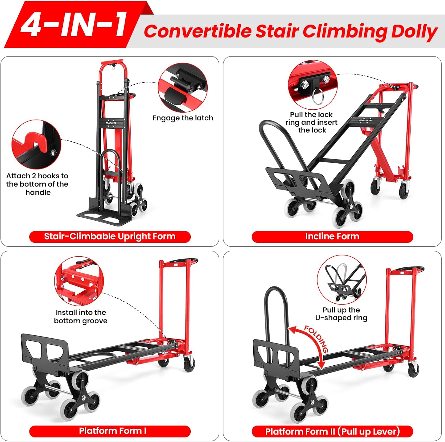 Heavy Duty 1000lbs Hand Truck, 4-in-1 Convertible Stair Climbing Dolly | Foldable Platform Utility Cart with Rubber