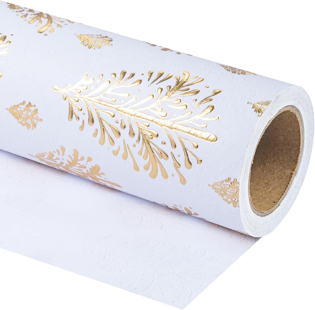 3D Kraft Christmas Wrapping Paper Roll - Mini Roll - 17 Inch x 16.5 Feet - Gold and White Christmas Tree Wrapping