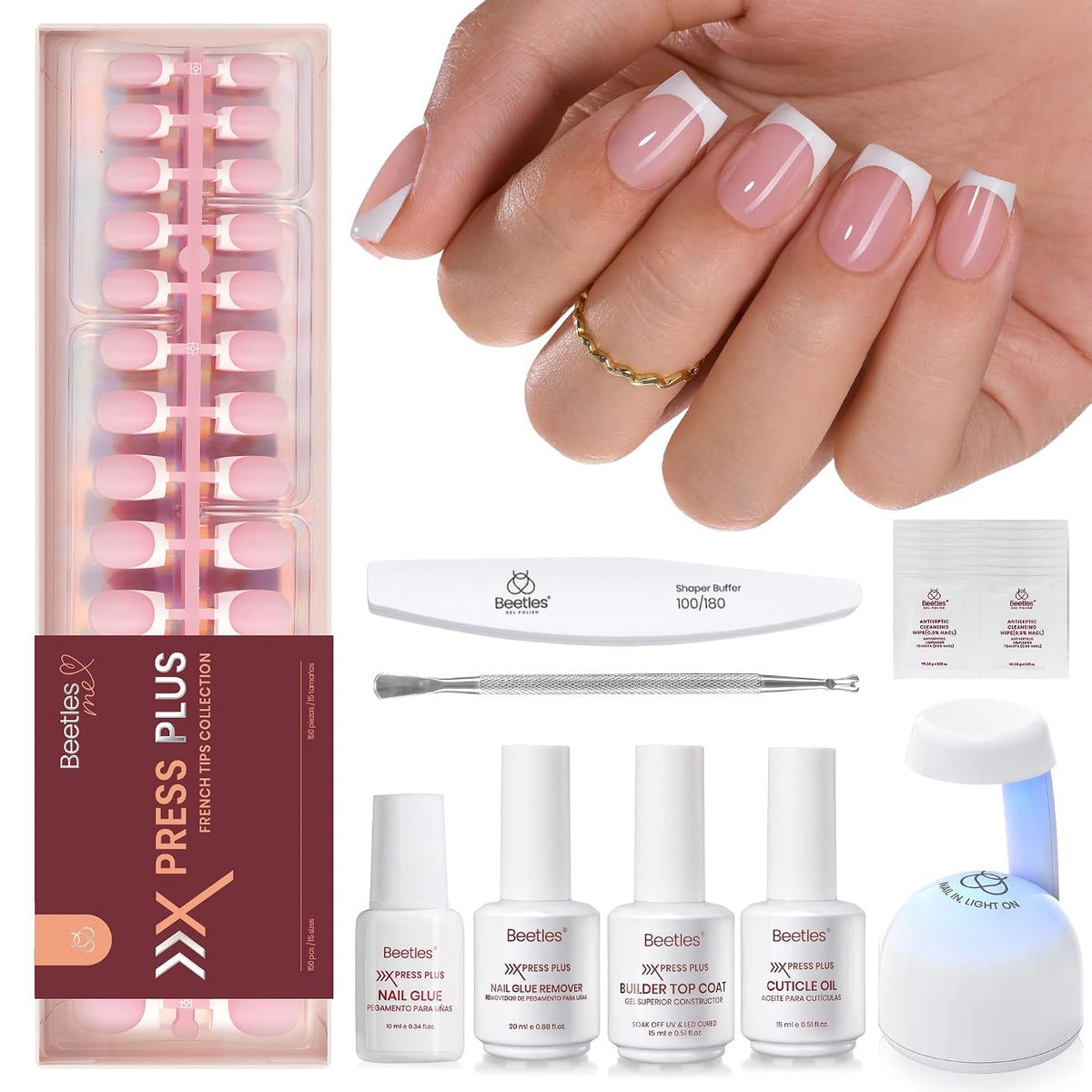 Beetles French Tip Press On Nail Kit - Short Square 150Pcs Pink