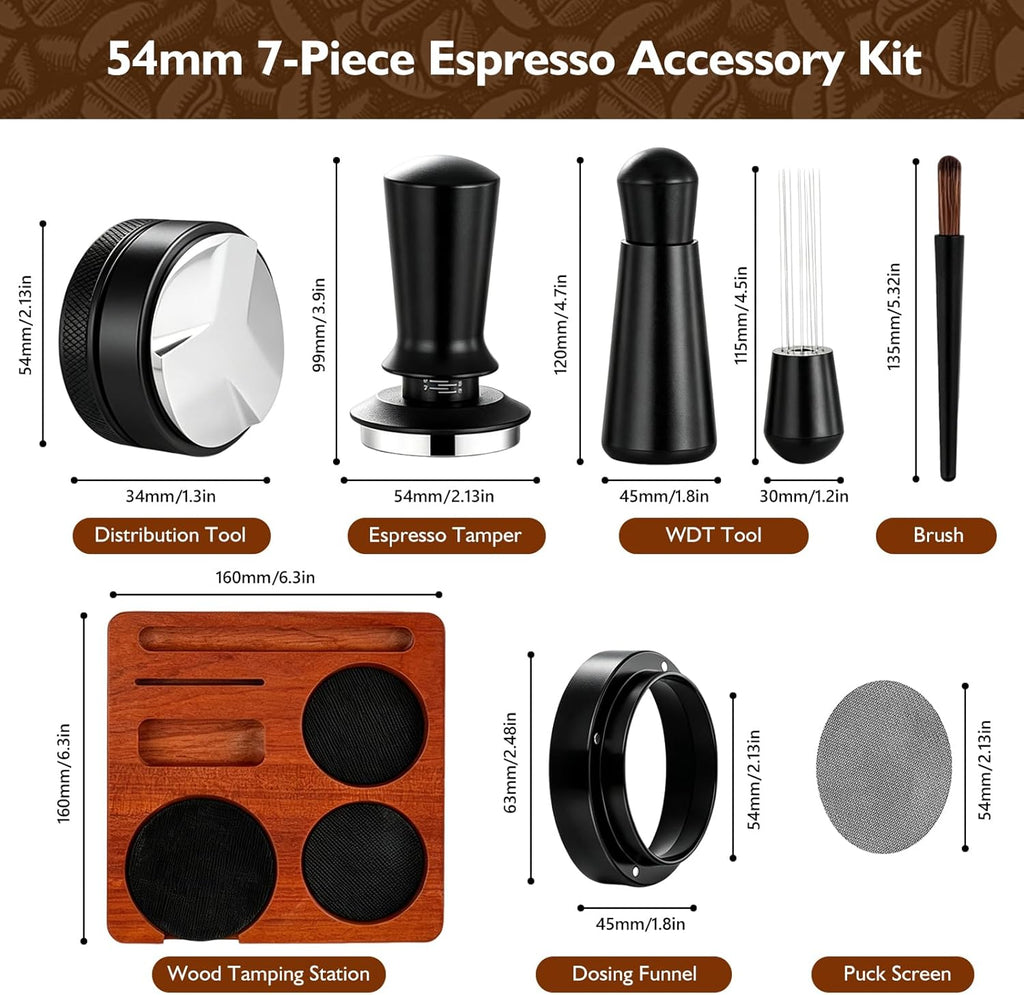 54mm Espresso Accessories Kit, 7Pcs Coffee Tamper Set with Wooden Tamping Station, Tamper, WDT Tool, Distributor