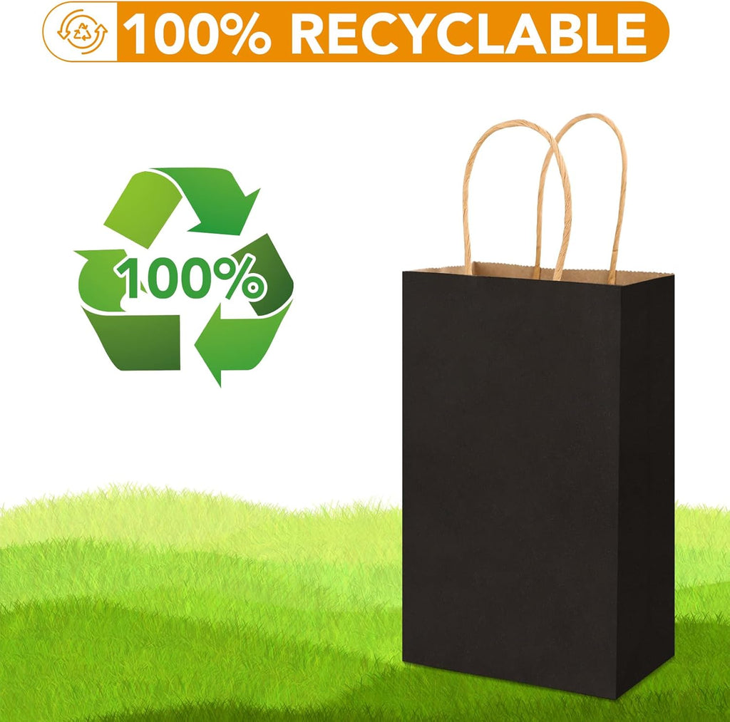 Black Paper Bags with Handles, 100Pcs 5.25x3.25x8.25'' Kraft Bags