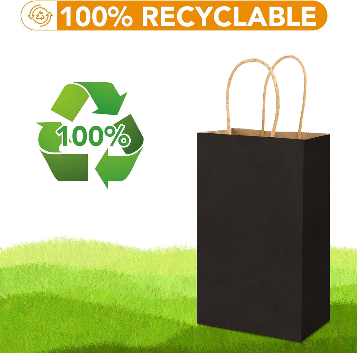 Black Paper Bags with Handles, 100Pcs 5.25x3.25x8.25'' Kraft Bags