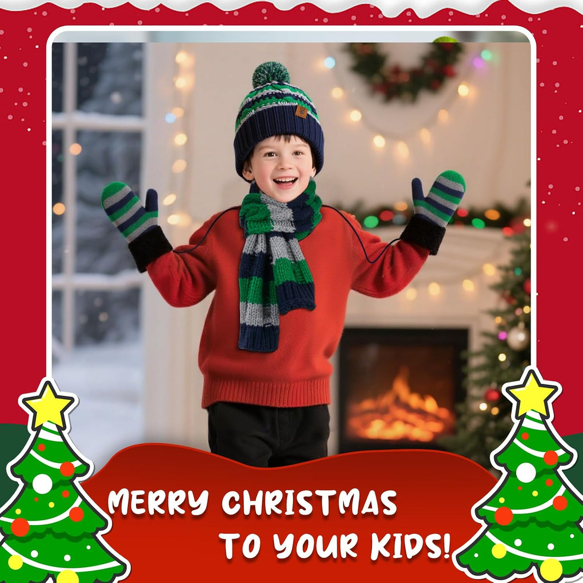 Toddler Boys Winter Pompom Beanie Hat Scarf and Gloves 3PCS Set for Girls | Kids Warm Fleece Lined Knitted Toddler