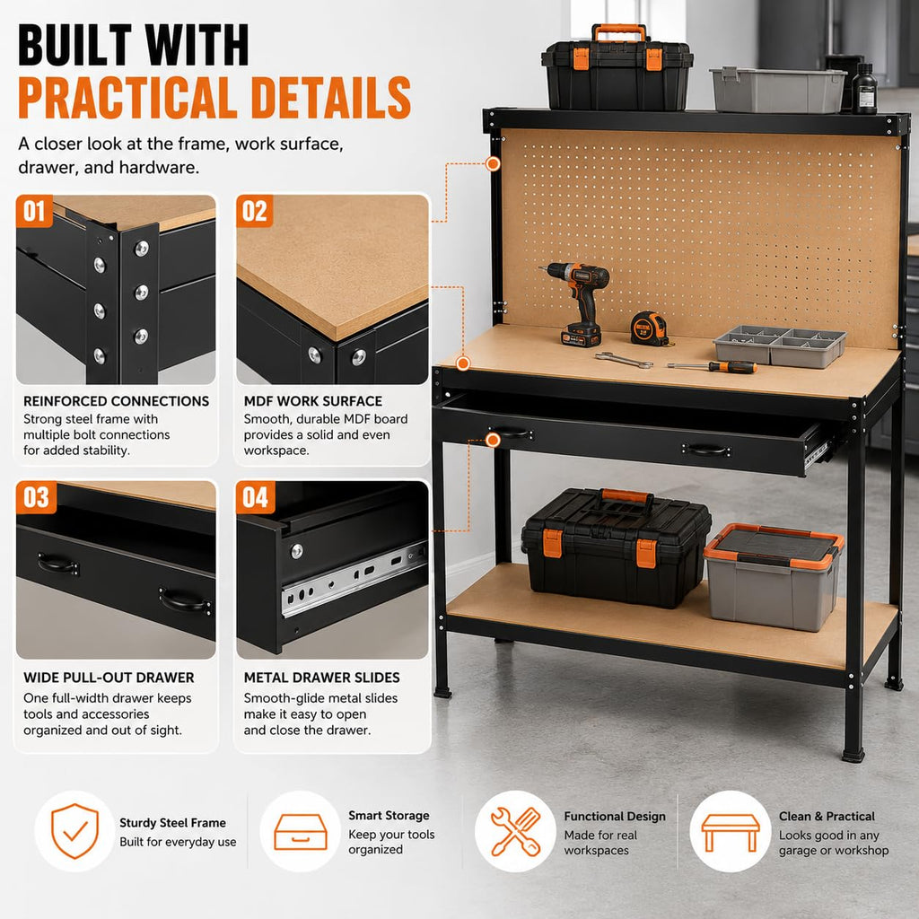 Steel Garage Workbench, Pegboard, 2 Drawers, Shelves, Workshop