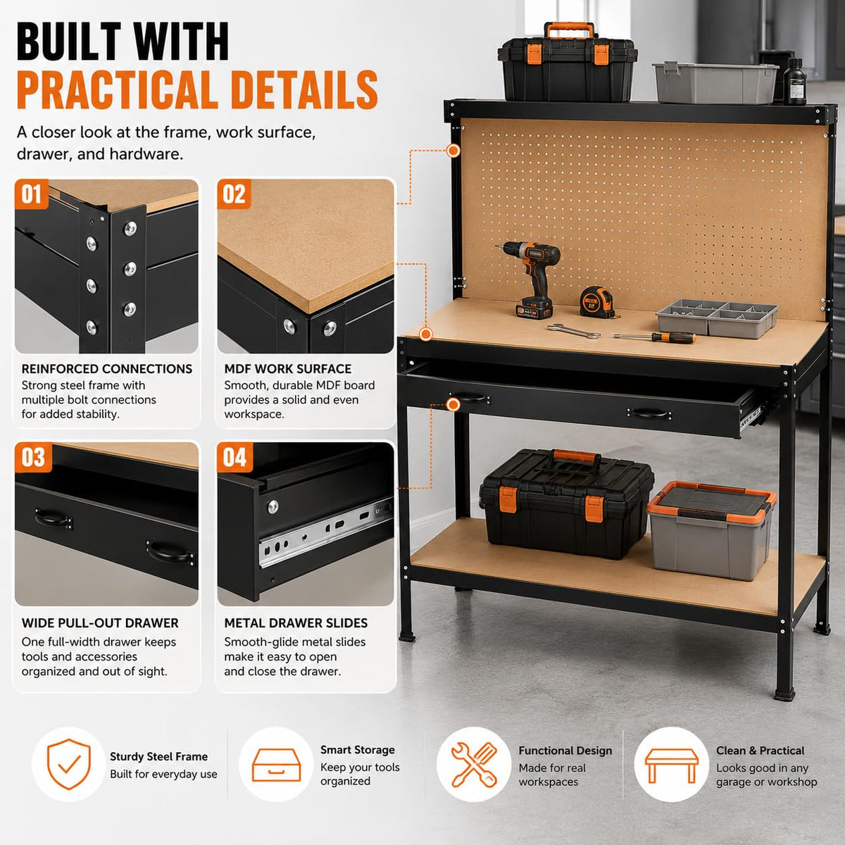 Steel Garage Workbench, Pegboard, 2 Drawers, Shelves, Workshop