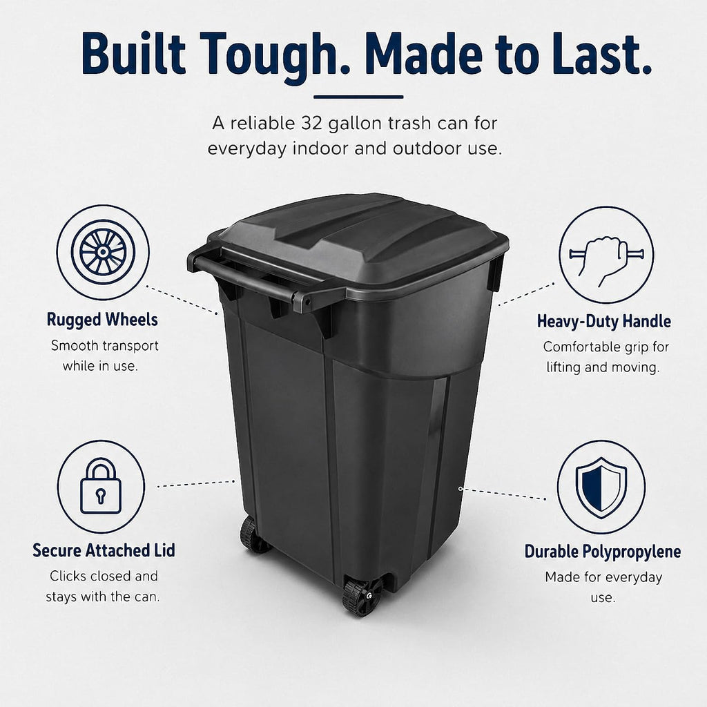32 Gallon Outdoor Trash Can with Wheels, Heavy Duty Garbage Bin for Patio | Rugged Polypropylene Material, Click Lock