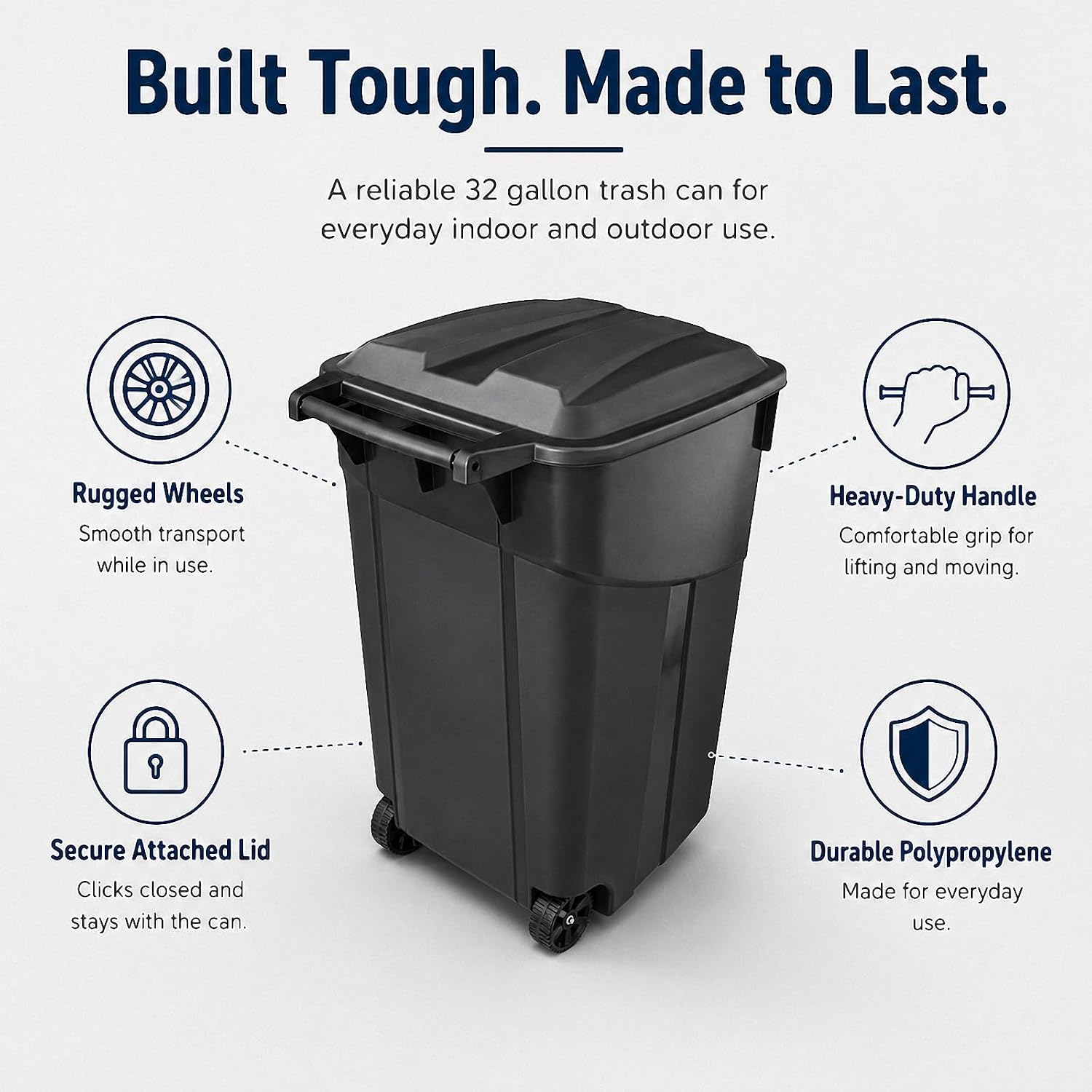 32 Gallon Outdoor Trash Can with Wheels, Heavy Duty Garbage Bin for Patio | Rugged Polypropylene Material, Click Lock