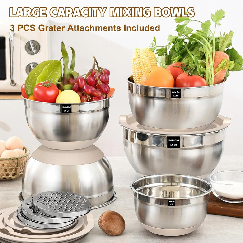 Mixing Bowls with Airtight Lids Set, 8PCS Stainless Steel Nesting Bowls with Grater Attachments, Non-Slip Bottoms, 5