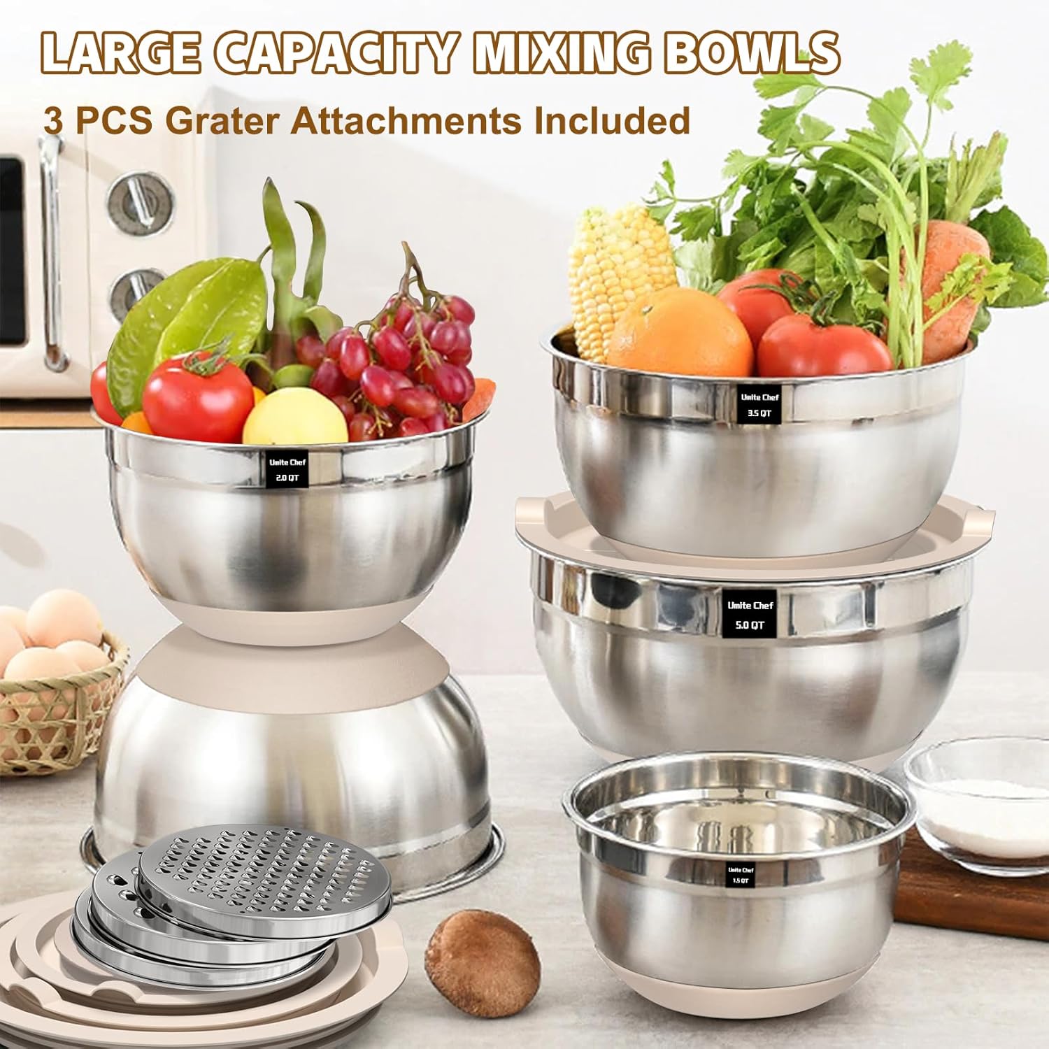 Mixing Bowls with Airtight Lids Set, 8PCS Stainless Steel Nesting Bowls with Grater Attachments, Non-Slip Bottoms, 5
