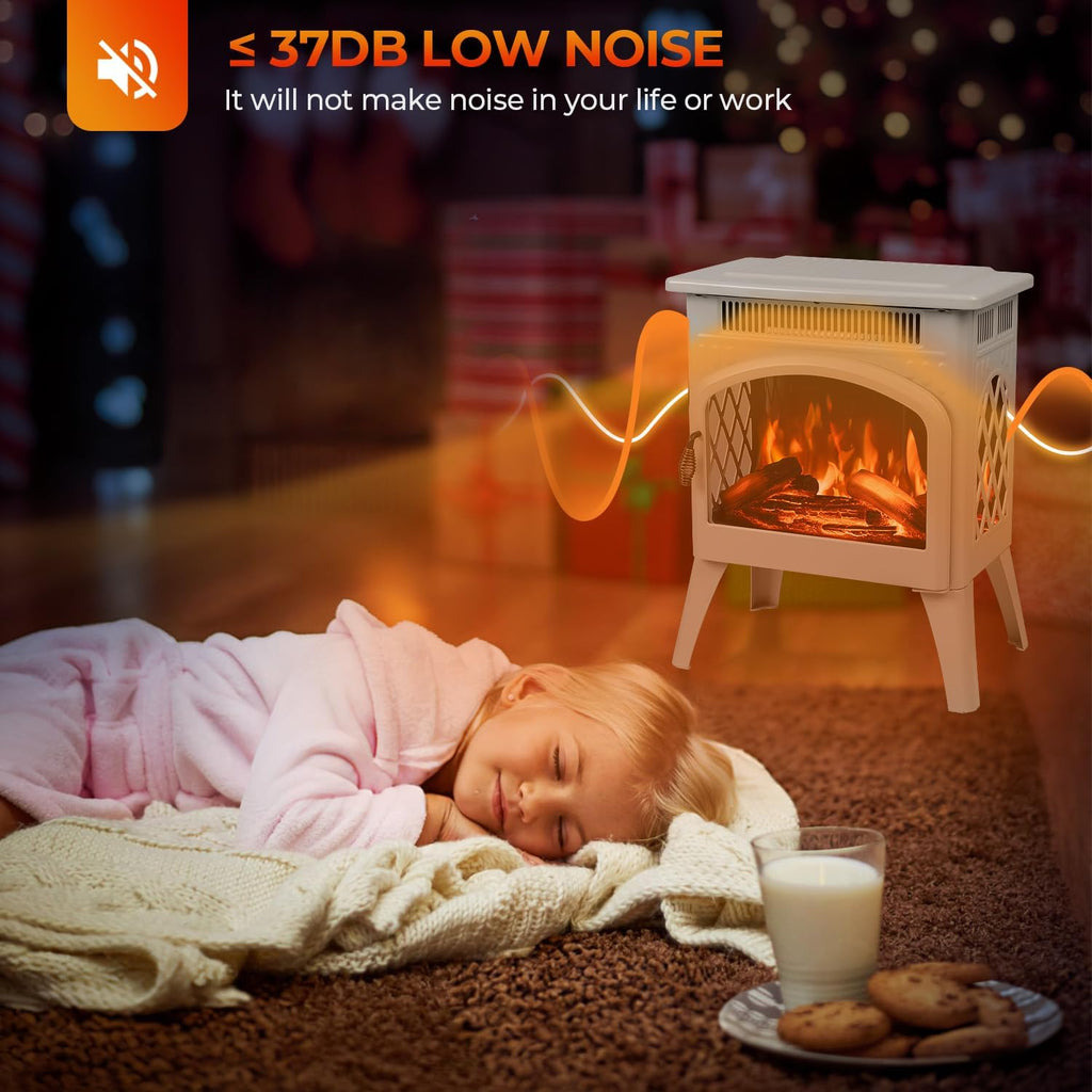 Electric Fireplace Heater 17" with Remote Control, Metal, Beige | Cathedral Stylish, Freestanding, Realistic Flame