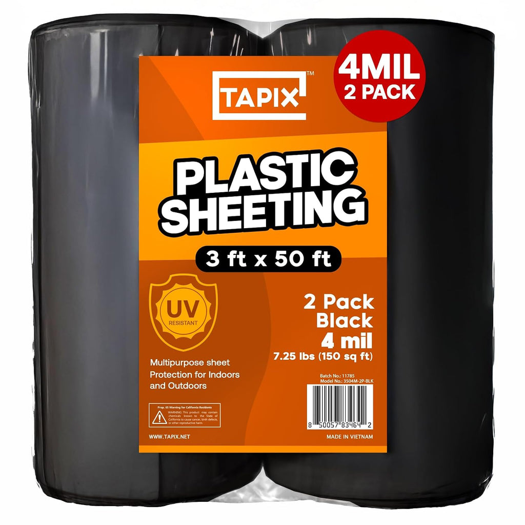 Black Plastic Sheeting 3' x 50', 4 Mil 2 Pack Landscape Weed Barrier Film