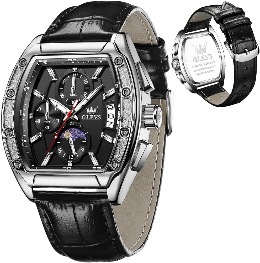 Mens Watches Analog Quartz Chronograph Square Dress Watch for Man Stainless Steel or Leather Band Waterproof Luminous