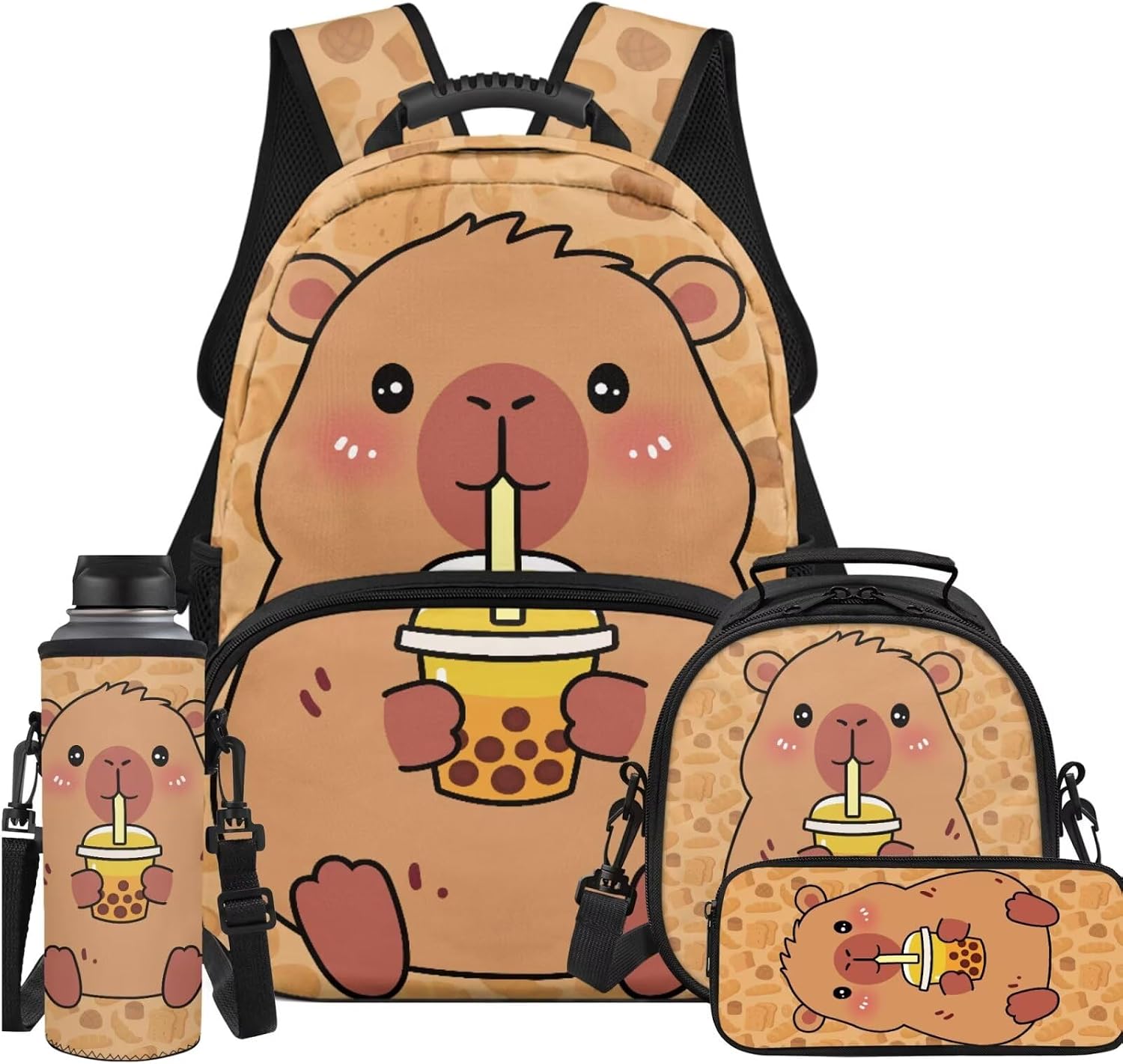 Capybara Pearl Milk Tea 4pcs School Bag Set School Backpack for Kids 8-12 Girls and Lunch Bag Box Bookbag with