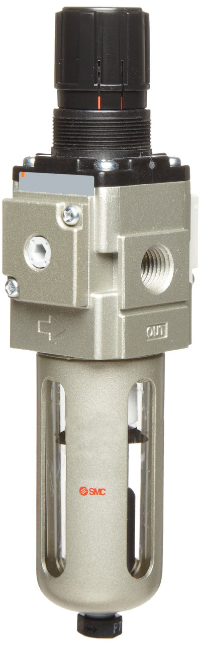 SMC AW40-N04D-Z Filter/Regulator, Polycarbonate Bowl with Bowl Guard, 5 Micron, Float Auto Drain (N.O.), Relieving Type, 7.25 - 123 psi Set Pressure Range, 106 scfm, No Gauge, 1/2" NPT