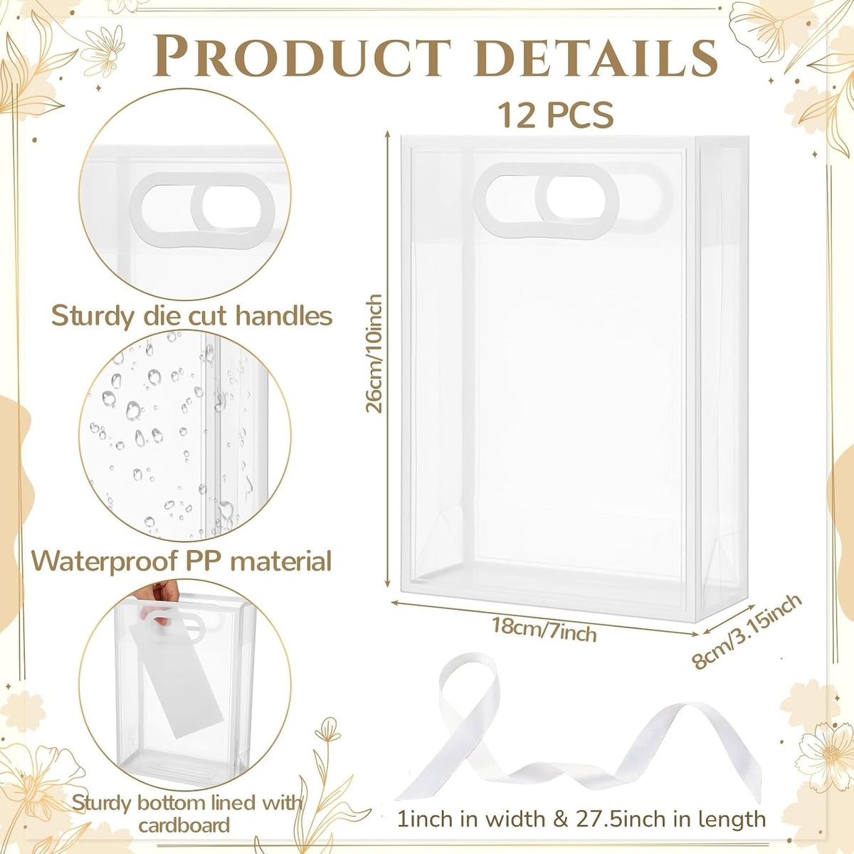 12 Pcs Small Clear Plastic Gift Bag with Handles,White