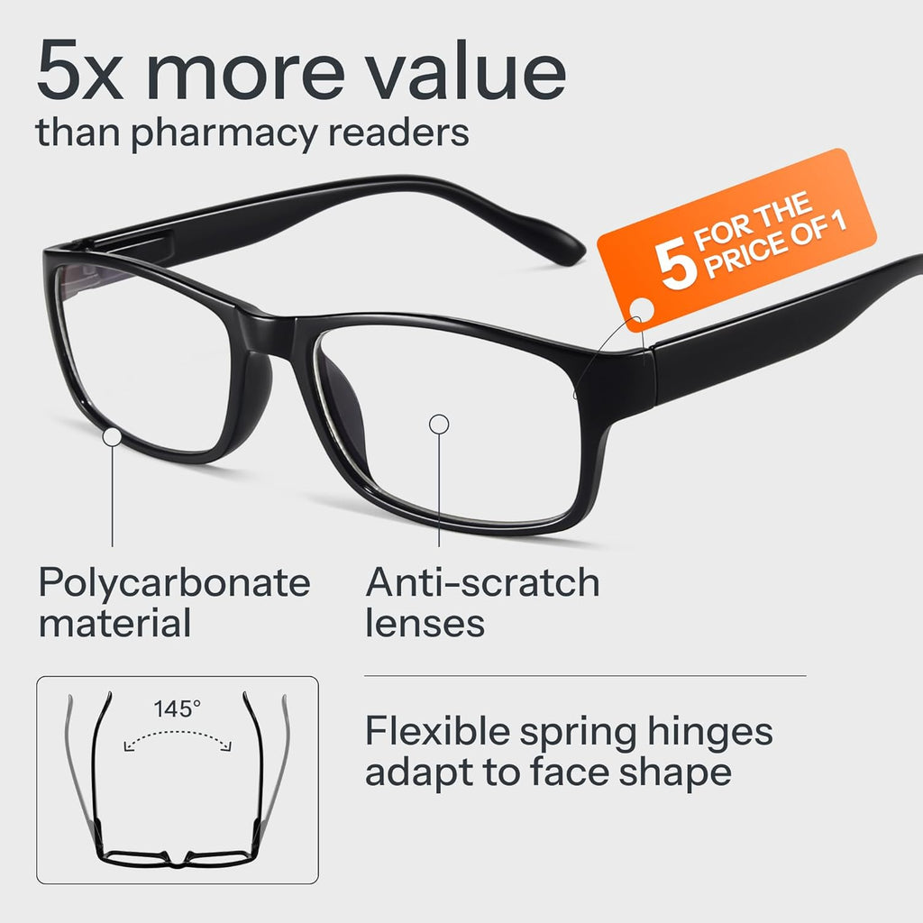 2.25 Professional Reading Glasses for Men for All Day - Computer Readers with Blue Light Protection - Value Pack