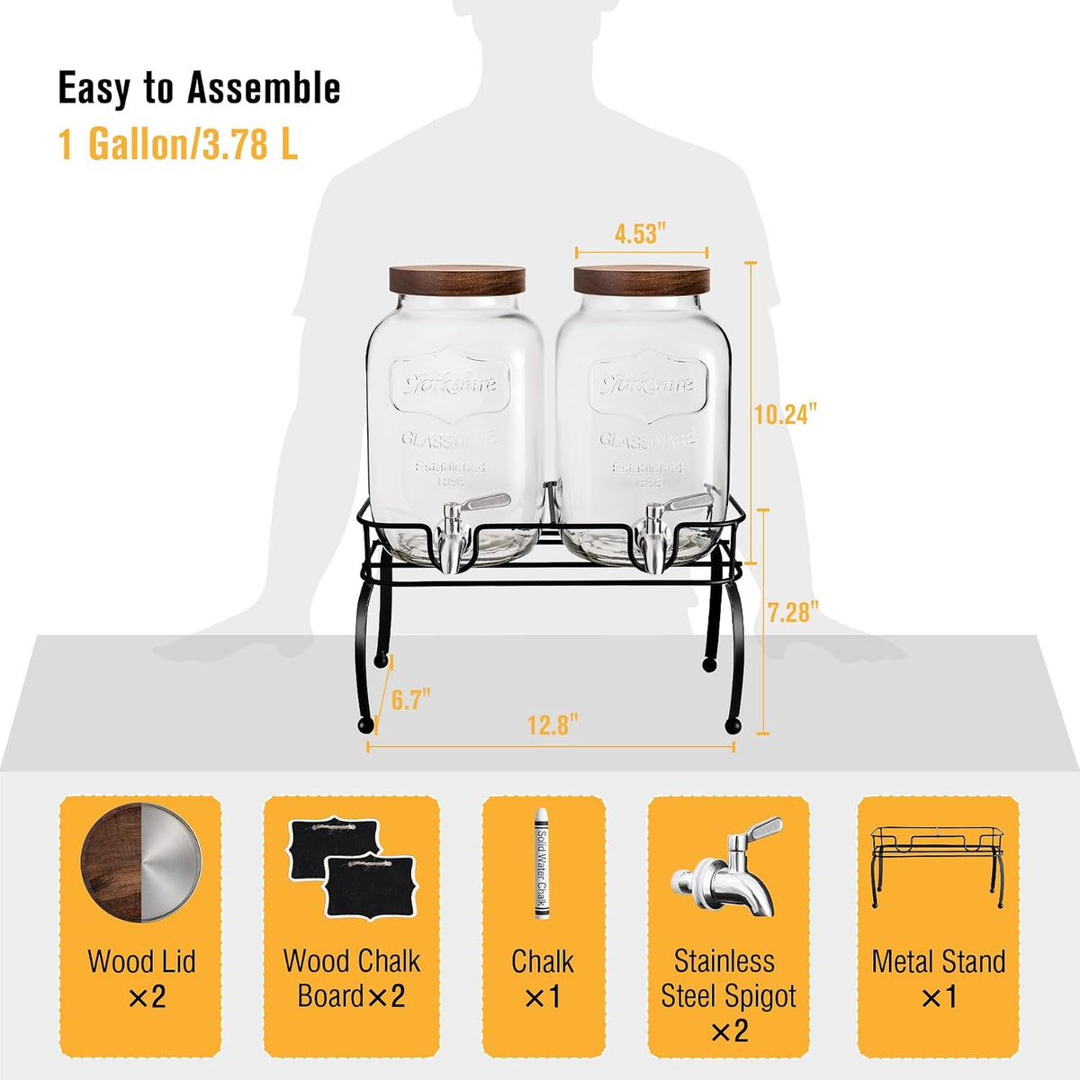 1 Gallon Glass Drink Dispenser for Parties with Stand, 2 Pcs