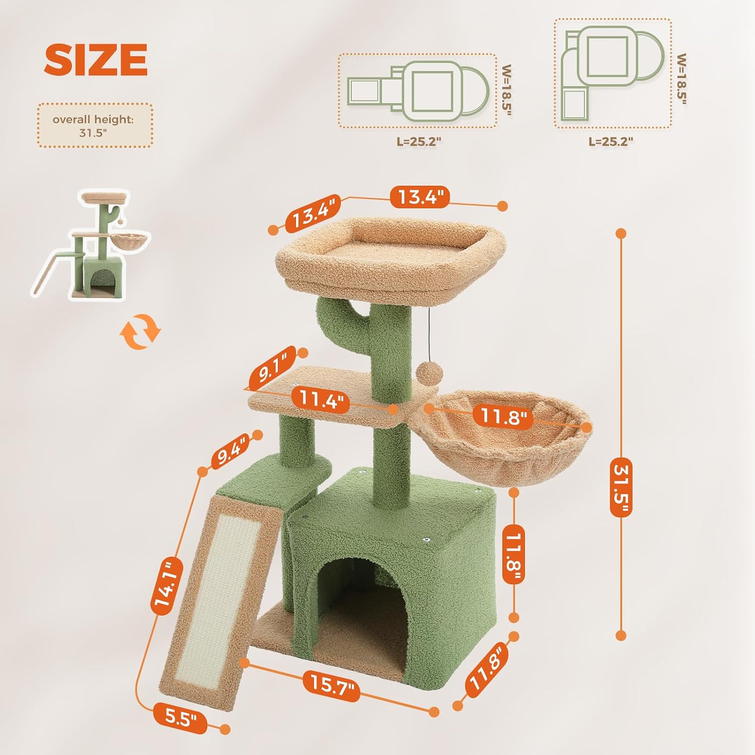 Cactus Cat Tree for Indoor Cats, 32'' Small Cat Tower Cat Condo with Sisal Scratching Ramp, Cozy Hammock and