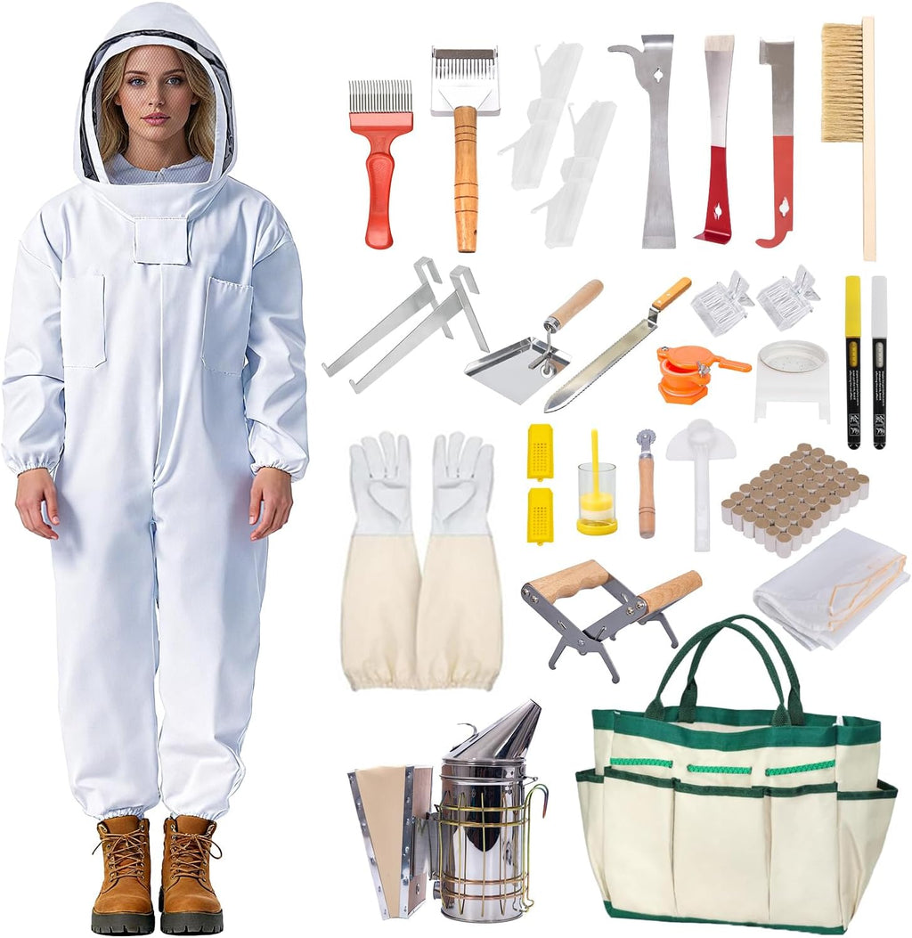 31Pcs Beekeeping Supplies Starter Tool Kit with Bee Suit for Beekeepers, Includes Bee Smoker, Beehive Frame Holder