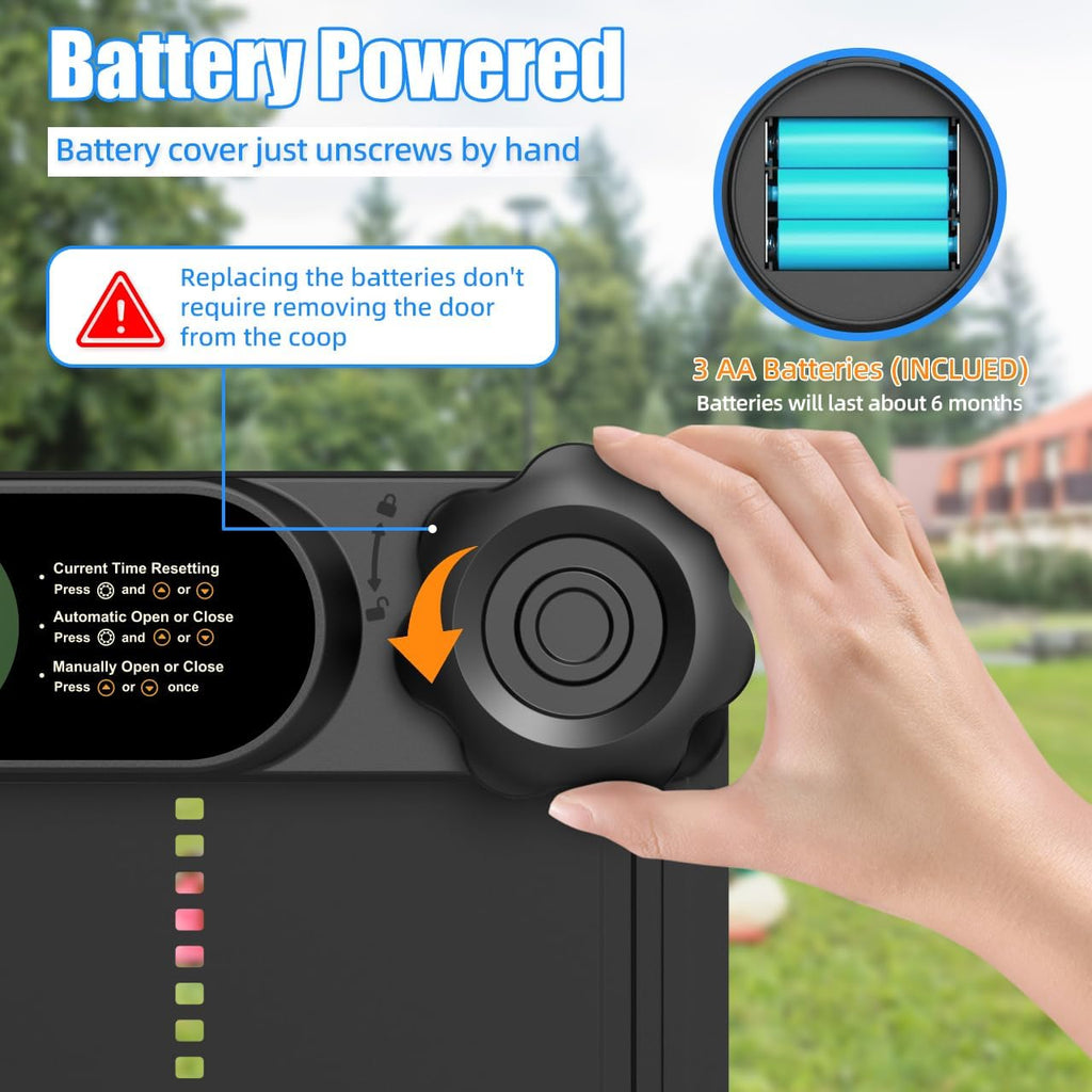 Automatic Chicken Coop Door Opener, Battery Powered & Anti-Pinch Sensor