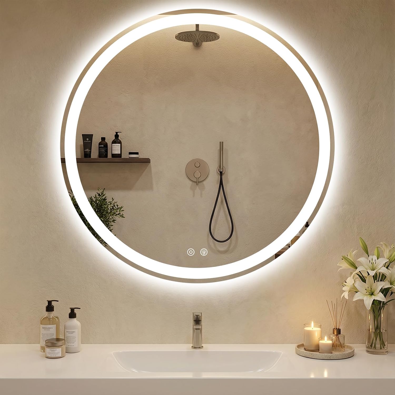 36 Inch Round LED Bathroom Mirror with Lights, Circle Vanity Mirror | Anti-Fog, Dimmable, 3-Color Light, Front Light