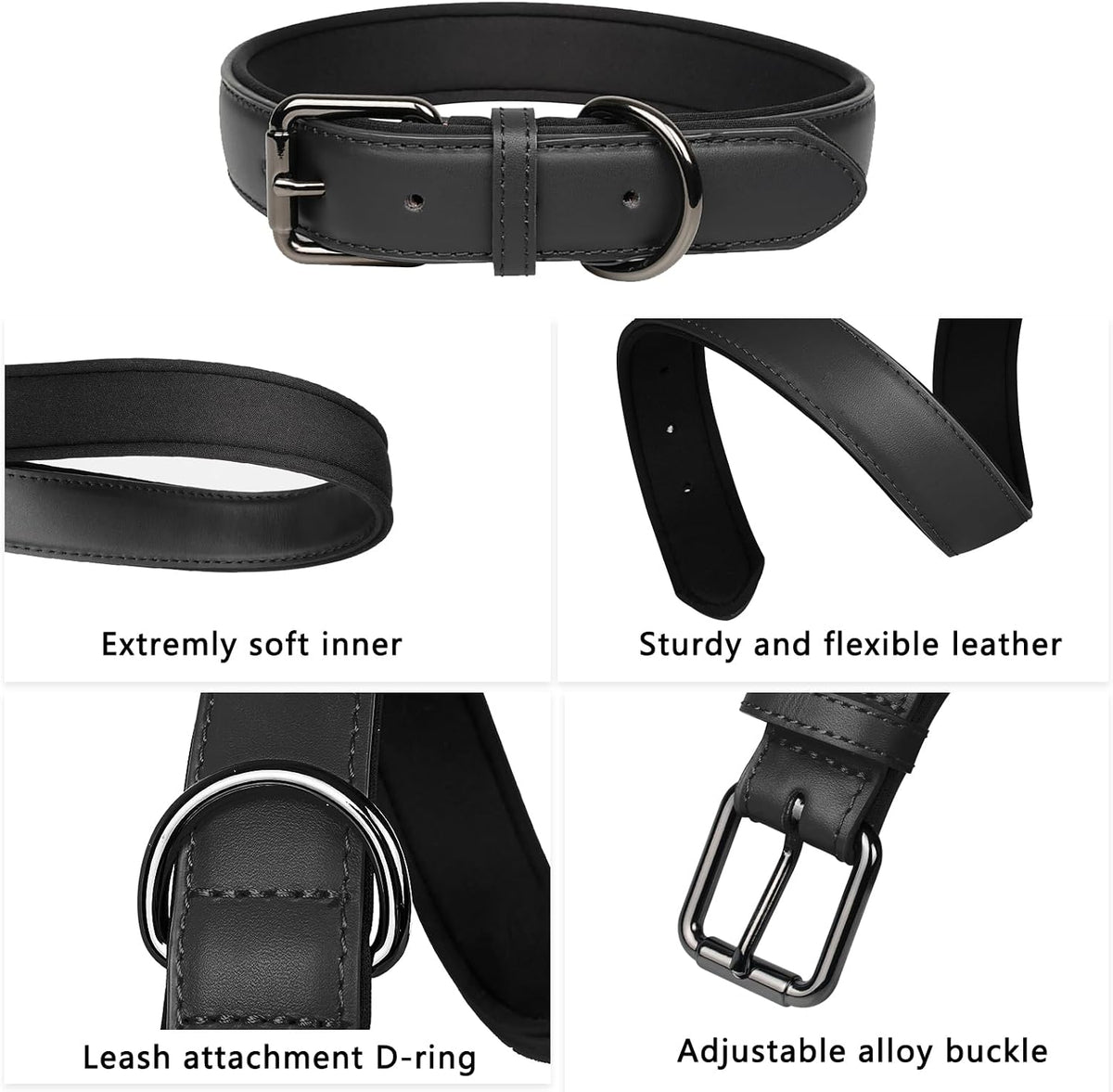 PU Leather Dog Collar Adjustable Soft Padded for Large/Medium Dogs Black,M