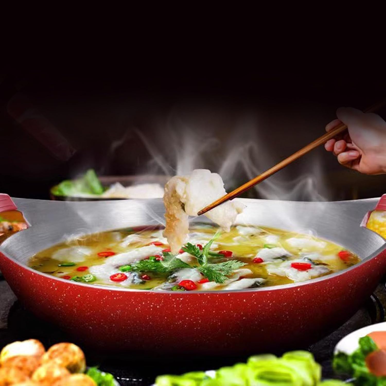 Stock Pot, Anti Stick Coating Thickened Aluminum Alloy Red Base Boiling Fish Soup Pot with Dual Handles Household Wok