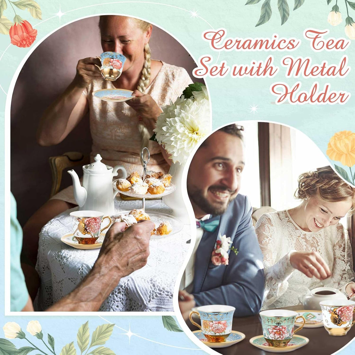 Set of 18 Tea Cups and Saucers, Classic Style, 5.4 oz
