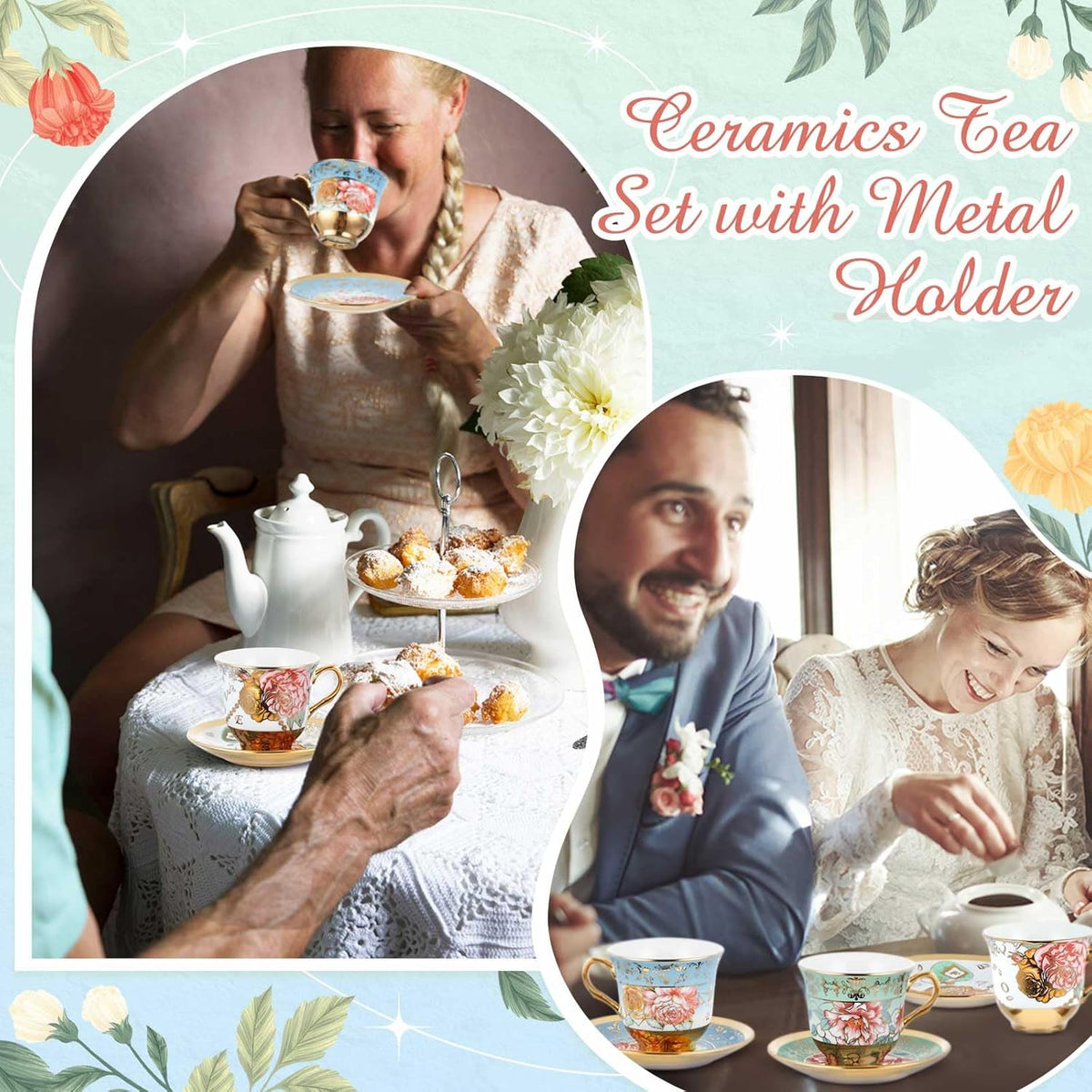 Set of 12 Tea Cups and Saucers, Classic Style, 5.4 oz