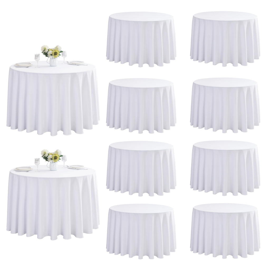 10-Pack Round 108-inch White Table Cloths, Solid Stain and Wrinkle Resistant Circular Tablecloth, Premium Plain Weave