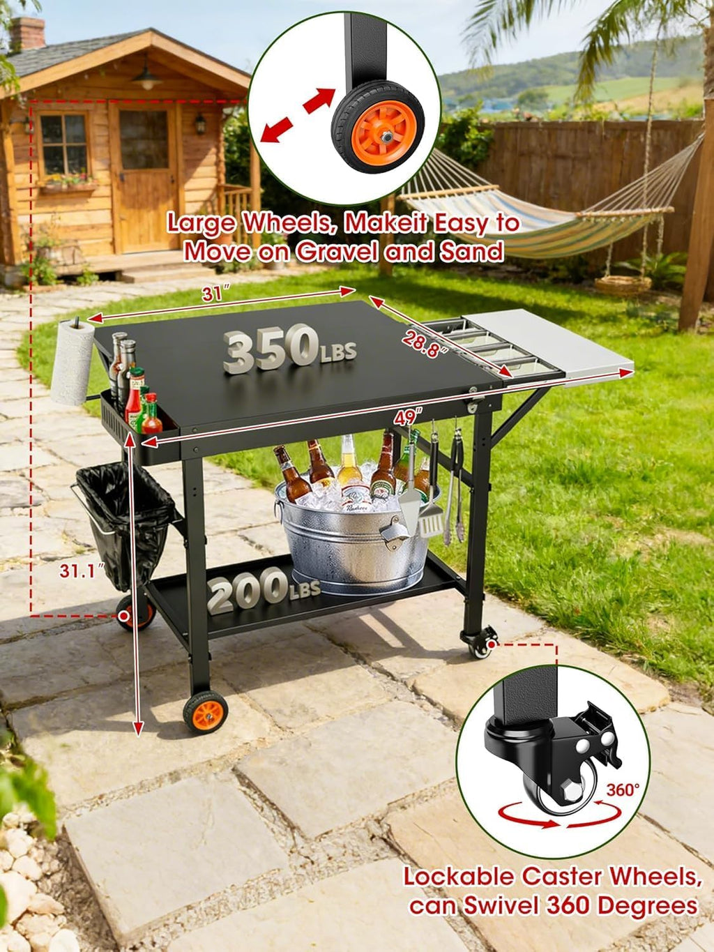 Outdoor Grill Table/Cart and Grill Cover for Pizza Oven Table, Large Space with Wheels Pizza Oven Stand& Heavy Duty