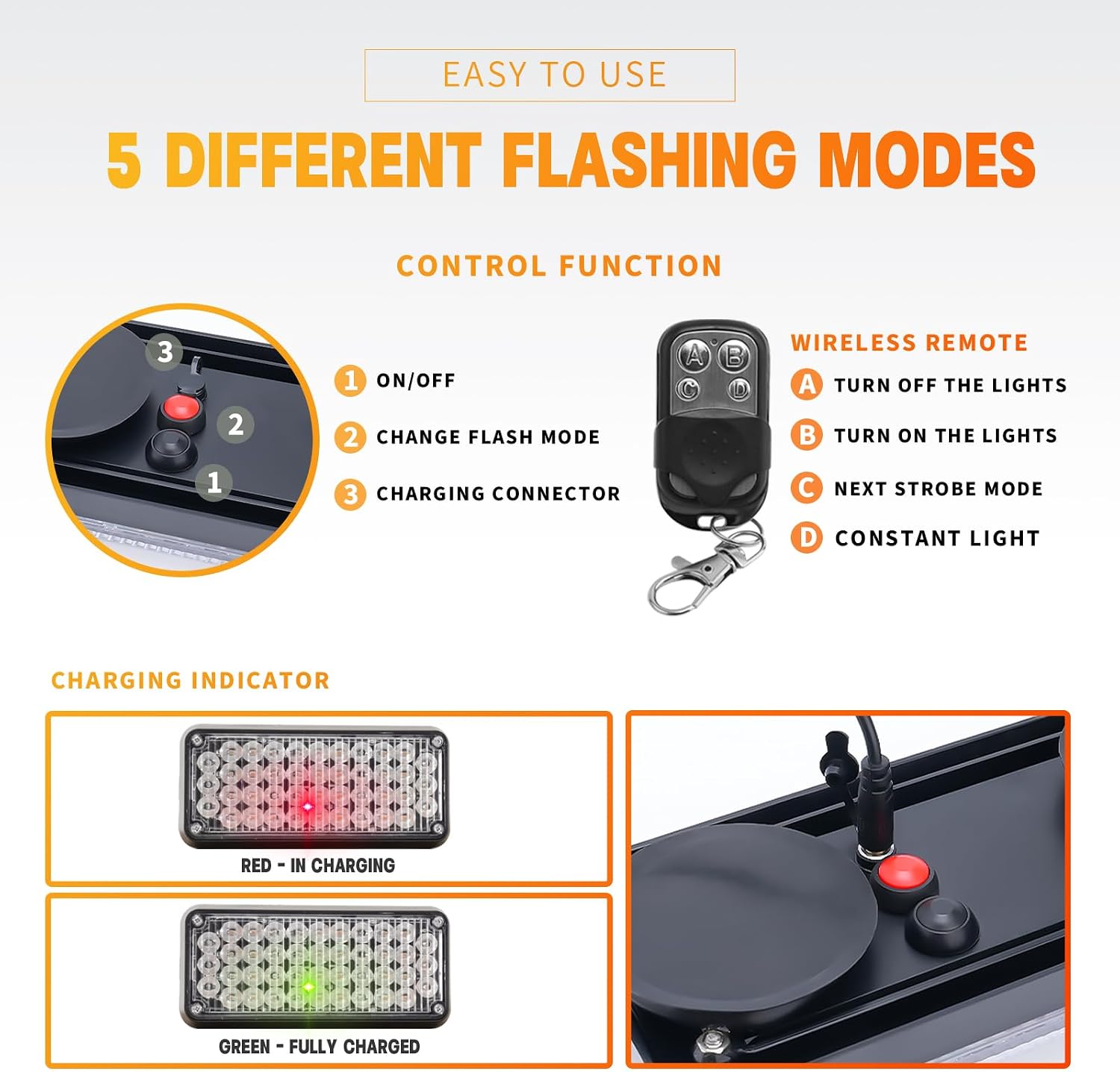 Amber/White Magnetic Flashing Strobe Light/w Controller, Battery Operated Rechargeable LED Safety Beacon Lights