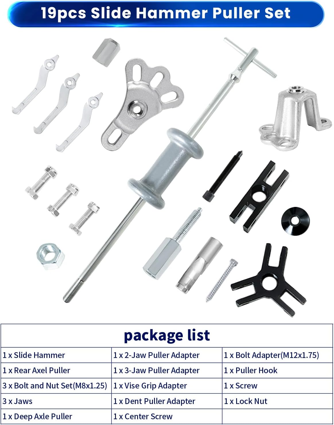 9-Way Slide Hammer Puller Set 19pc Wheel Hub Axle Bearing Puller Kit