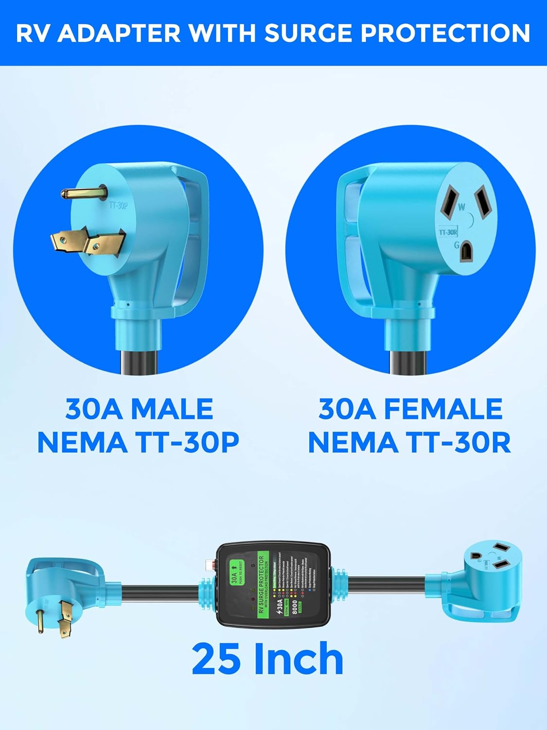 30 Amp RV Surge Protector Adapter Cord with Circuit Breaker | Circuit Analyzer, 8000 Joules, NEMA TT-30P Male to