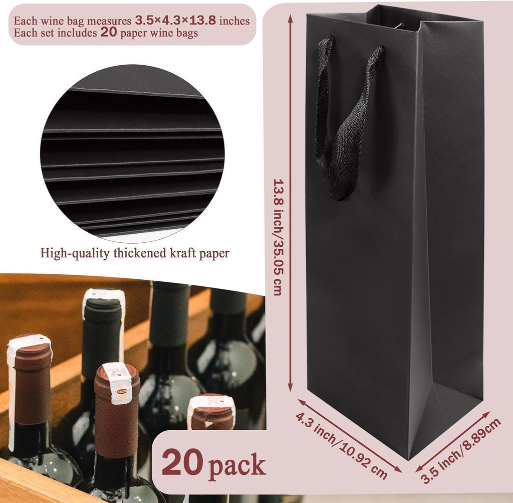 20 Pack Black Kraft Paper Wine Gift Bags with Ribbon Handles