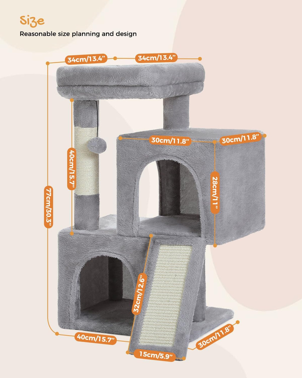 Cat Tree, 30 Inches Cat Tower with Dual Condos for Indoor Cats, Plush Cat House with Padded Perch, Scratching Ramp