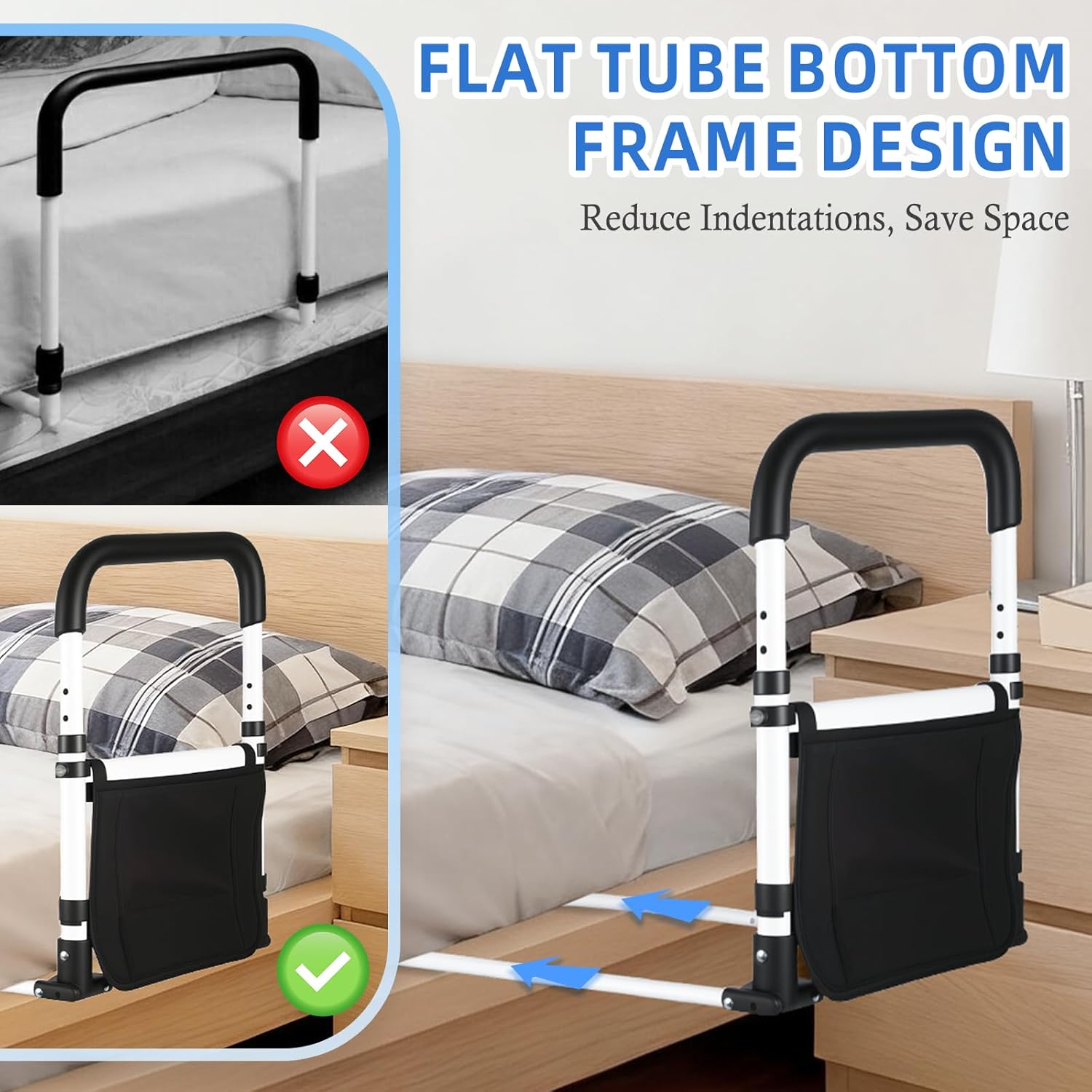 Bed Rail for Elderly Adults Safety, 90° Foldable Bed Assist Bar with Adjustable Height, Flat Base Fits Under