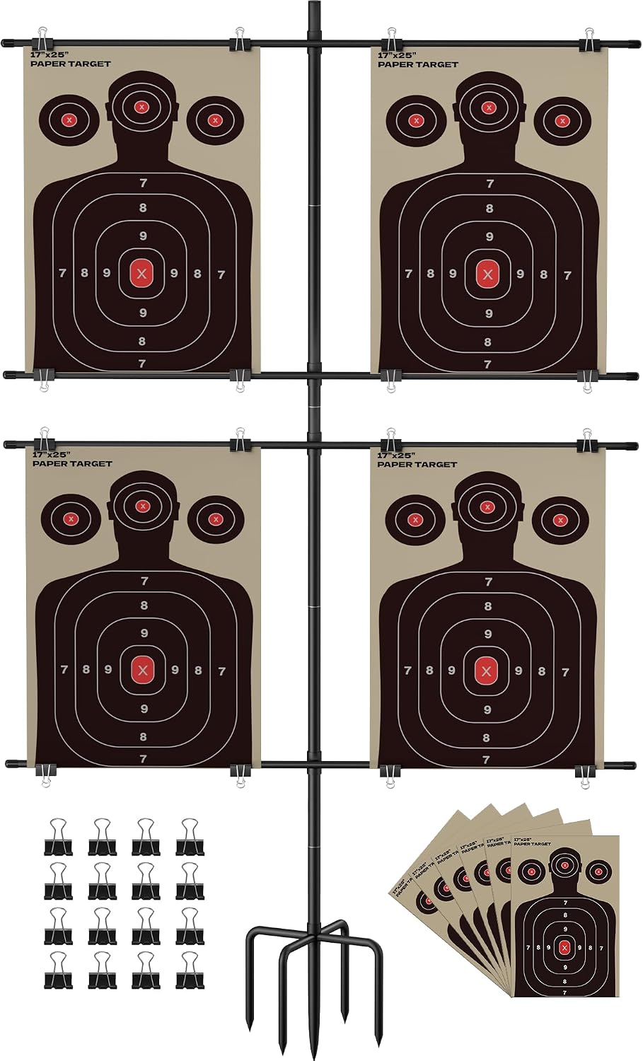 Adjustable 5-Prong Base Shooting Target Stand, Portable Steel Target Holder with 16 Clips & Target Paper, Hunting &
