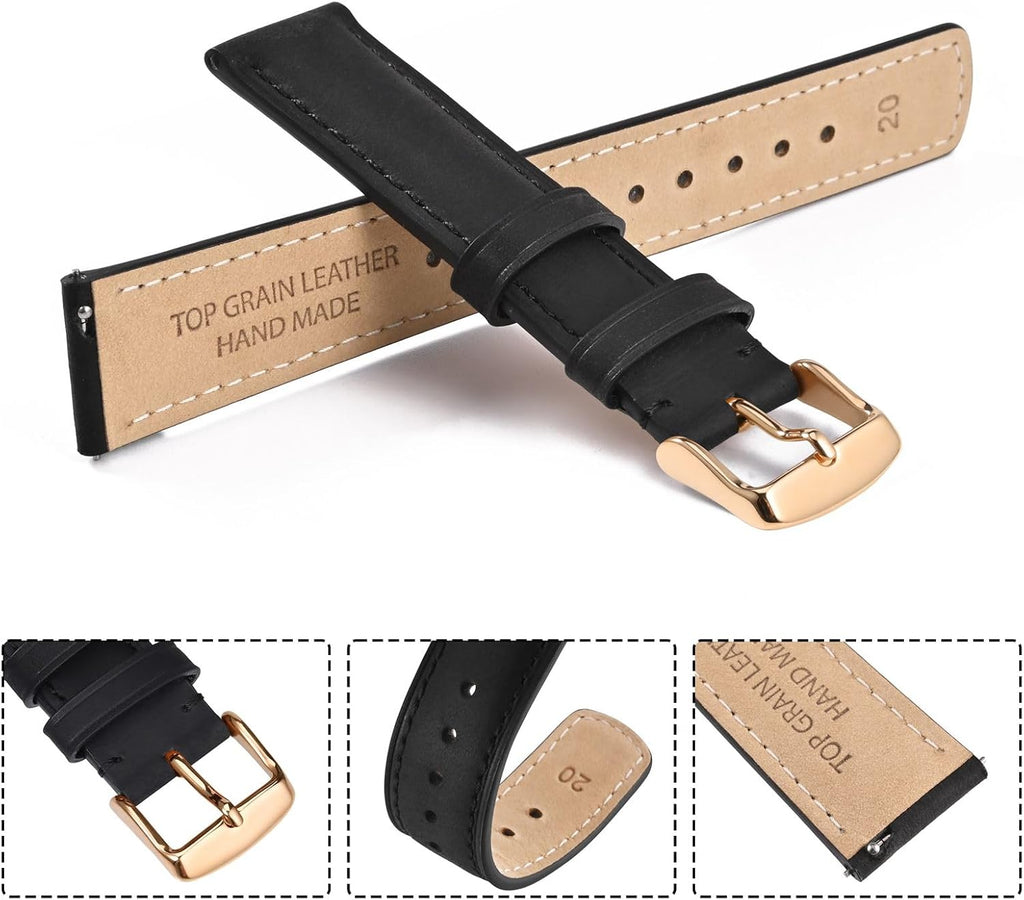 22mm Top Grain Leather Watch Band, Black Crazy Horse Leather Replacement Watch Strap with Rose Gold Buckle, Quick