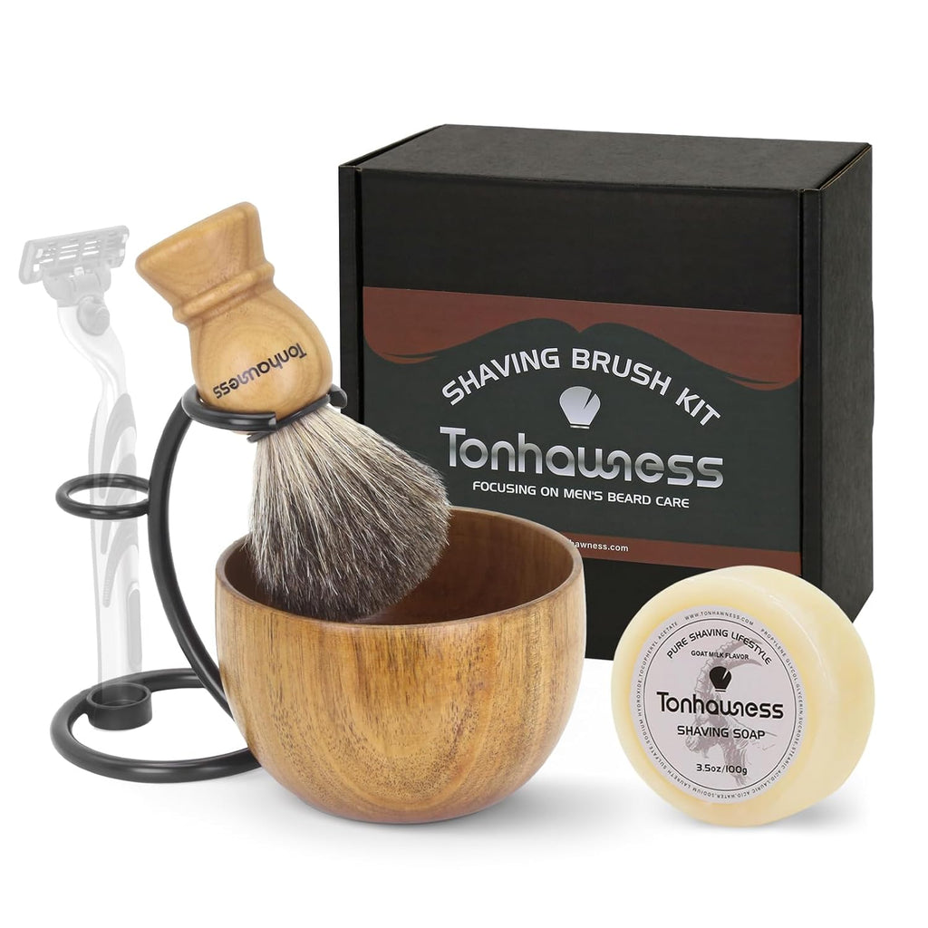 Shaving Brush Kit For Men, 4 In 1 Shaving Brushes Set Includes Badger Hair Shaving Brush, Wood Bowl, Stainless Steel