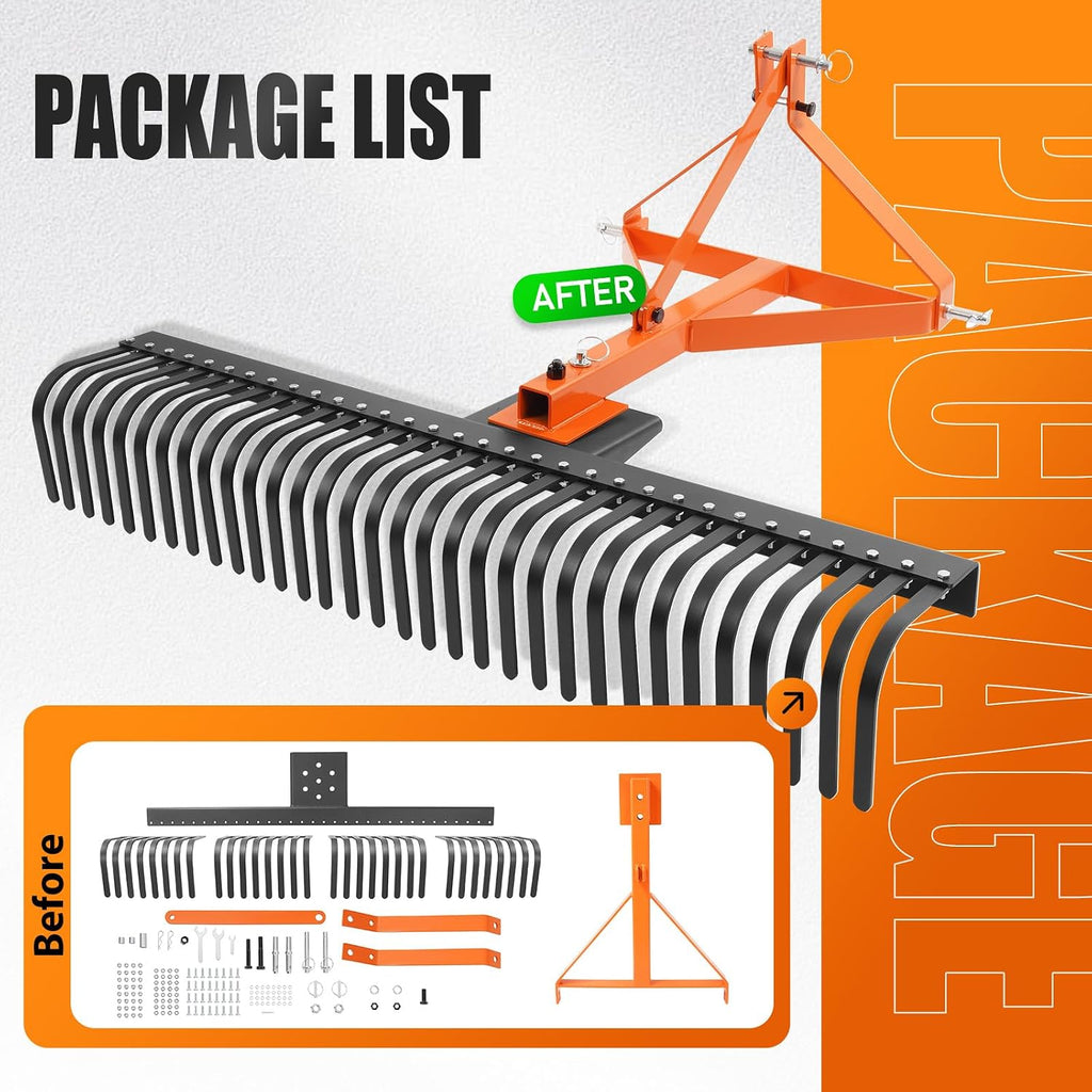 60 in Landscape Rake, 3 Point Rake Compatible with Category-1 Tractor, 360 Degree Rotation Tow-Behind Garden Tool for