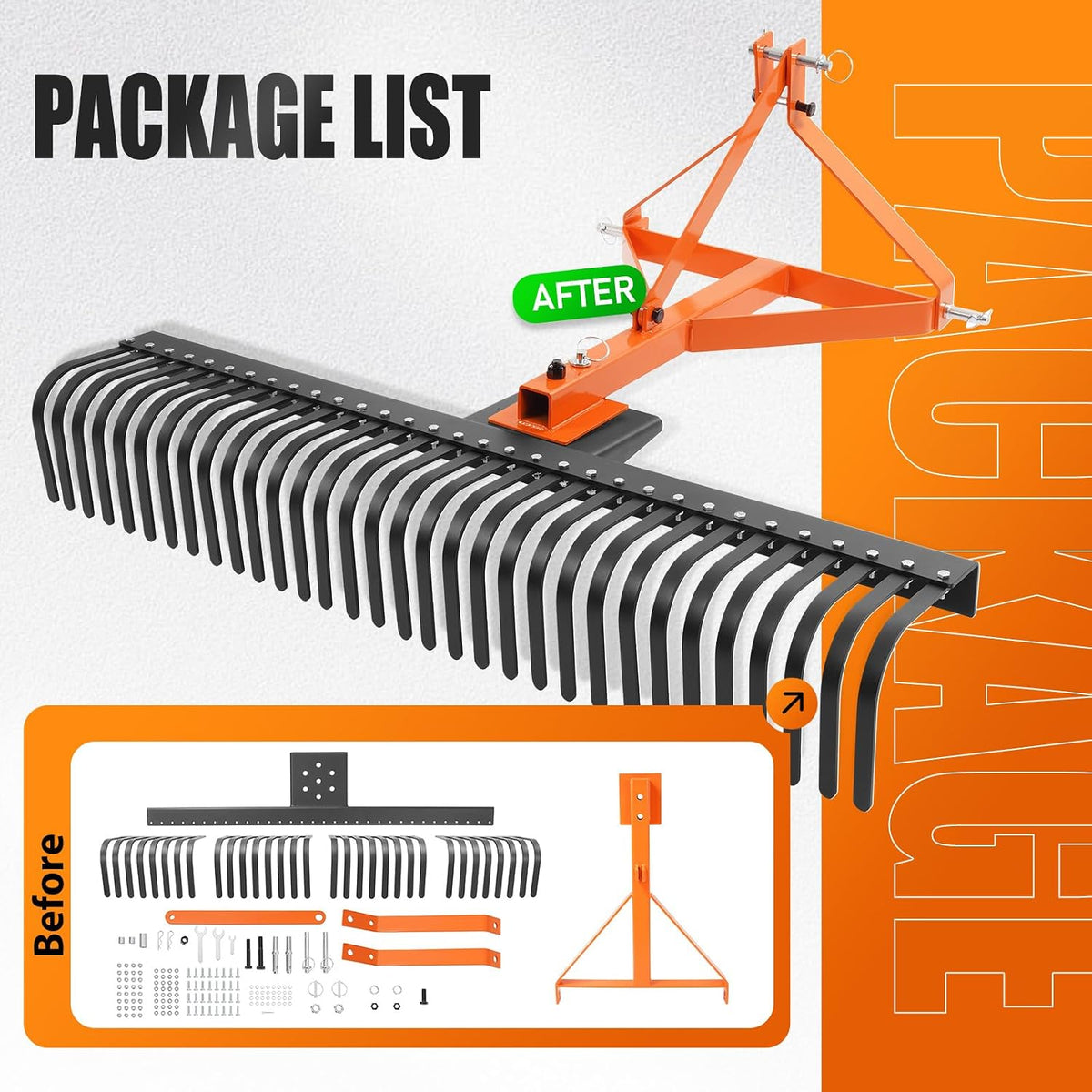 60 in Landscape Rake, 3 Point Rake Compatible with Category-1 Tractor, 360 Degree Rotation Tow-Behind Garden Tool for